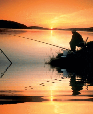 Man Sitting on Lake Shore at Sunset