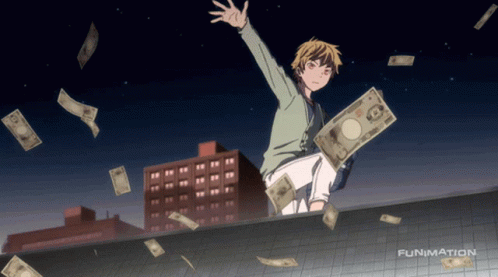 Man Sitting on Ledge With Money Falling Funimation