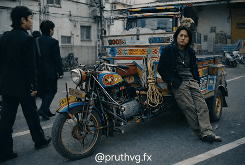 Man Sitting on Motorcycle in Front of Goods Truck