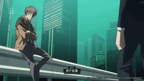 Man Sitting On Railing With City Skyline GIF