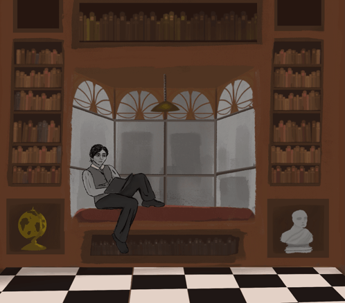 Man Sitting on Window Sill Reading Book