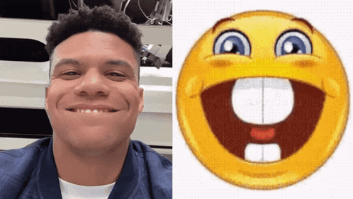 Man Smiling Next to Smiley Face With Big Mouth