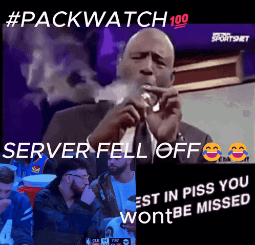 Man Smoking Cigarette Next To Man Holding Microphone Saying Server Fell Off GIF