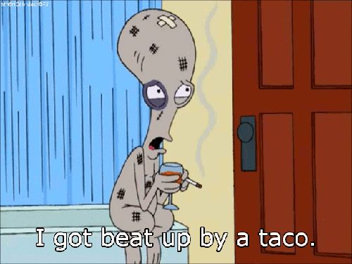 Man Smoking Drinking Wine I Got Beat Up by a Taco