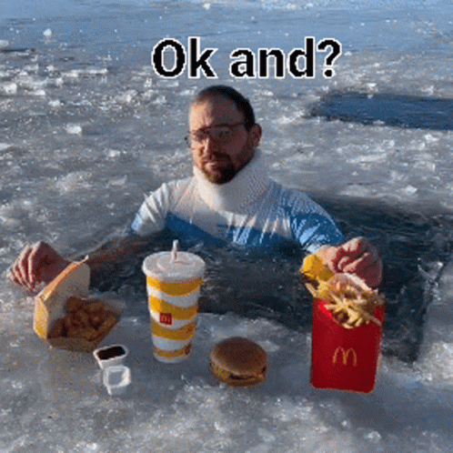 Man Soaked In Ice Eating Chicken Nugget Meme GIF