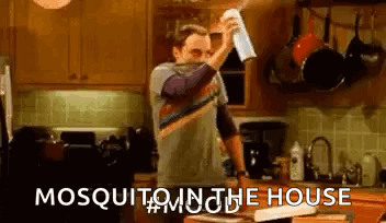Man Spraying Paper Towel With Mosquito Killer In Kitchen GIF