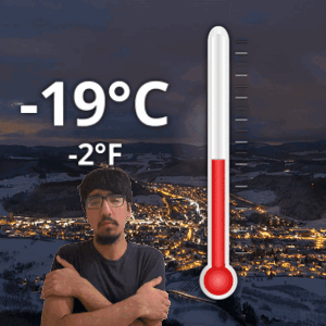 Man Standing By Thermometer Saying 19 Degrees Celsius GIF