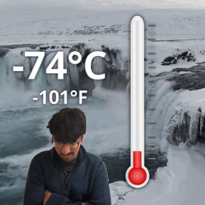 Man Standing By Waterfall With Thermometer 74°F GIF
