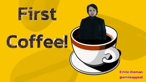 Man Standing In Coffee Cup With First Coffee GIF
