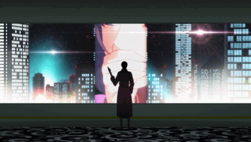 Man Standing In Front Of City Screen GIF