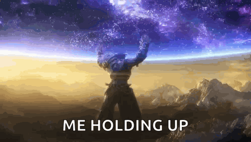 Man Standing In Front of Galaxy With Arms Up Saying Me Holding Up