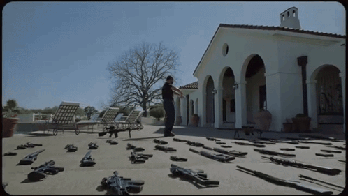 Man Standing in Front of House with Guns
