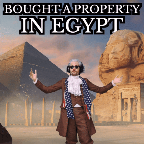 Man Standing in Front of Pyramid Saying Bought a Property in Egypt