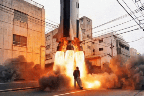 Man Standing in Front of Rocket With Letter U