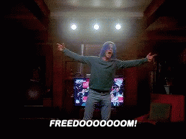Man Standing in Front of TV With Arms Outstretched Screen Saying Freedoooooom