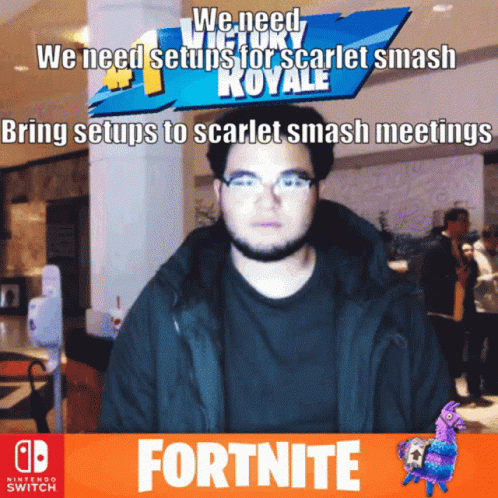 Man Standing in Front of We Need Setups for Scarlet Smash Royale Sign