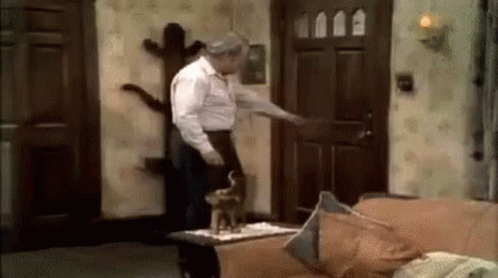 Man Standing in Living Room Next to Couch and Cat