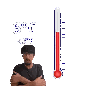 Man Standing Next to 6 Degree Thermometer