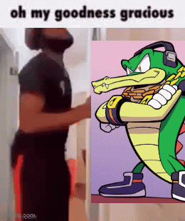 Man Standing Next to Crocodile and Cartoon Character