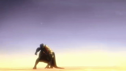 Man Standing Next To Dinosaur In Field GIF