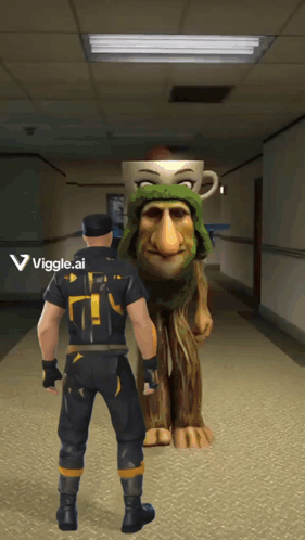 Man Standing Next To Troll With Cup On Head Vigge.ai GIF