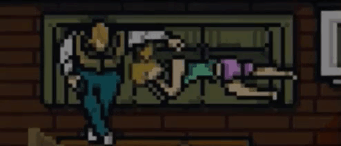 Man Standing Next to Woman Laying on Couch Pixel Art