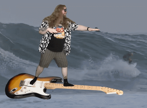 Man Standing On Guitar In Catfish Shirt GIF