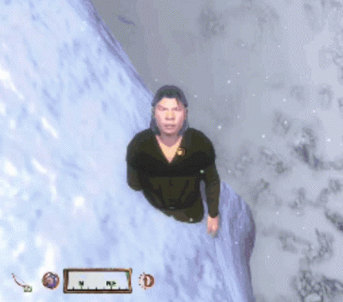 Man Standing on Snowy Cliff in Video Game