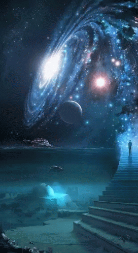 Man Standing on Stairs Looking at Galaxy