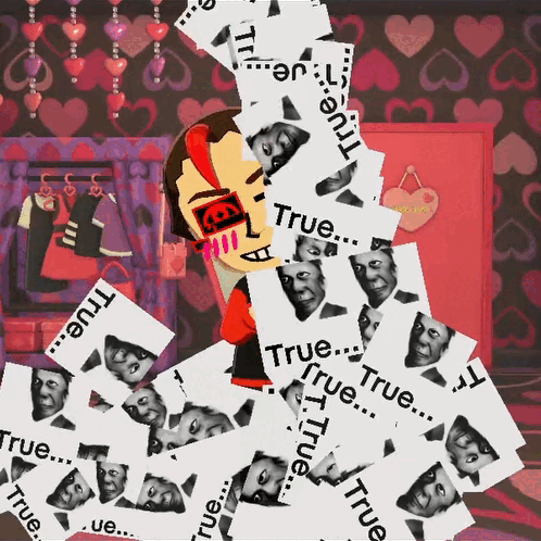Man Surrounded by Pile of Cards Saying True
