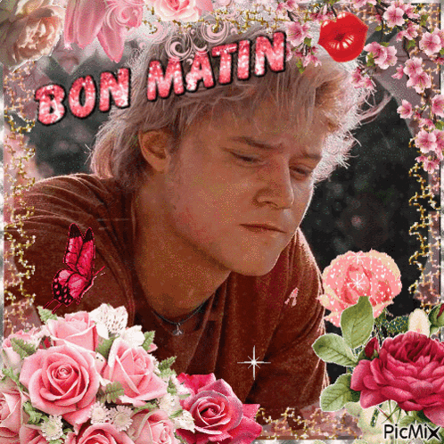 Man Surrounded by Pink Flowers Bon Matin