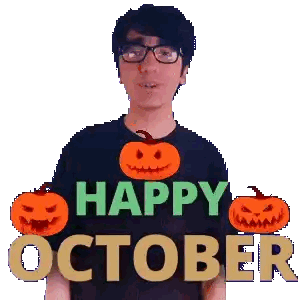 Man Surrounded By Pumpkins Wearing Happy October Shirt