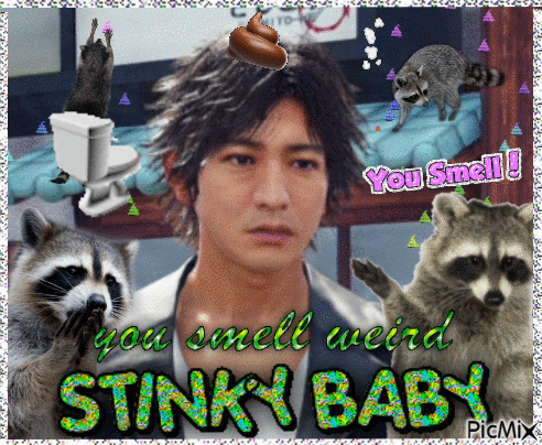 Man Surrounded by Raccoons Saying You Smell Weird