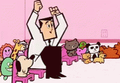 Man Surrounded by Stuffed Animals in Pink Room