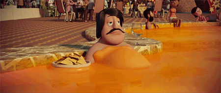 Man Swimming In Cheese Pool While Eating Nacho GIF