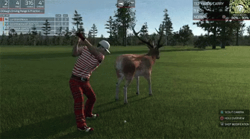 Man Swinging Golf Club While Deer Looks On