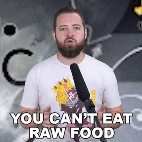 Man Talking Into Microphone Saying You Can't Eat Raw Food GIF