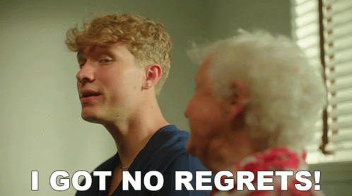 Man Talking to Older Woman Saying I Got No Regrets