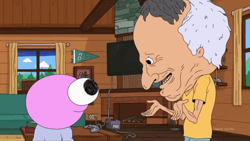 Man Talking to Pink Monster With Bass Banner