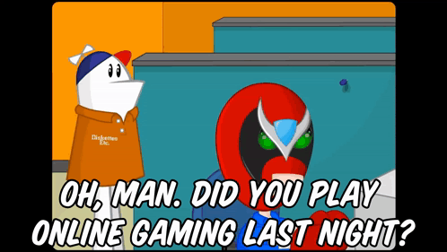 Man Talking to Red Superhero Did You Play Online Gaming Last Night