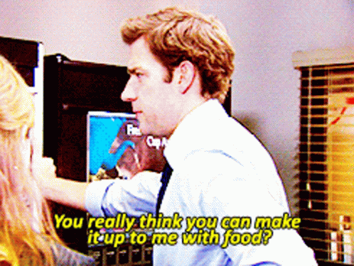 Man Talking to Woman Saying You Really Think You Can Make It Up to Me With Food