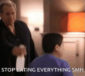 Man Telling Boy Stop Eating Everything GIF