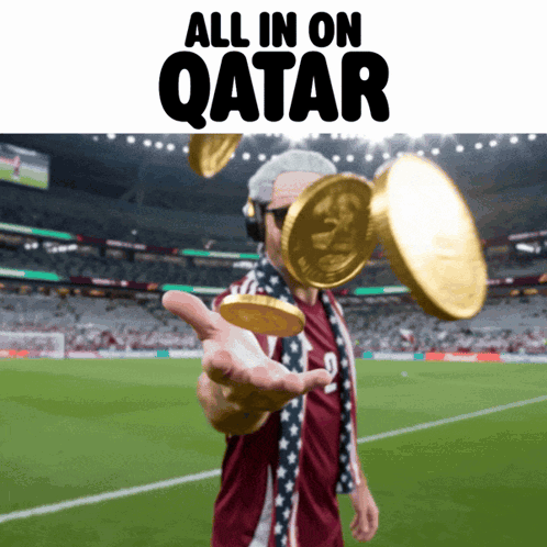 Man Throwing Gold Coins Soccer Field All In On Qatar