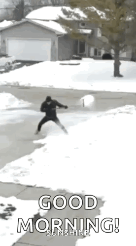 Man Throwing Snowball in Driveway