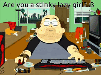 Man Typing at Desk Asking Are You a Stinky Lazy Girl