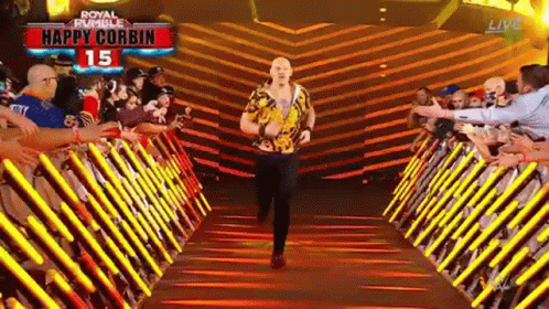 Man Walking Through Tunnel With Happy Corbin Sign GIF