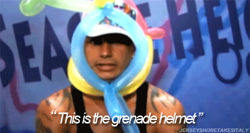Man Wearing Balloon Helmet Says Grenade Helmet