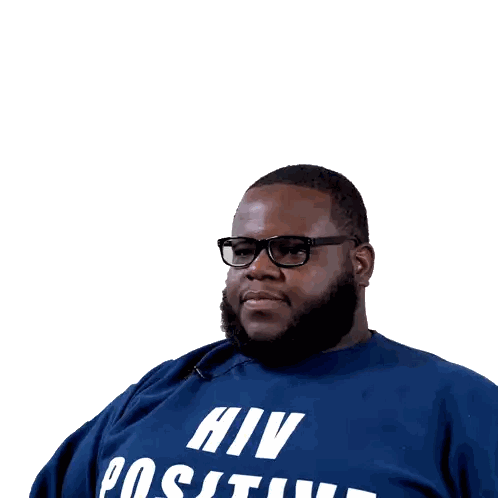 Man Wearing Glasses and Blue HIV Positive Shirt