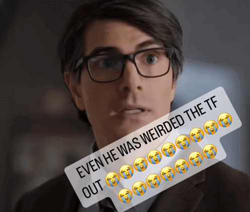 Man Wearing Glasses Next to Weirded Out Sticker
