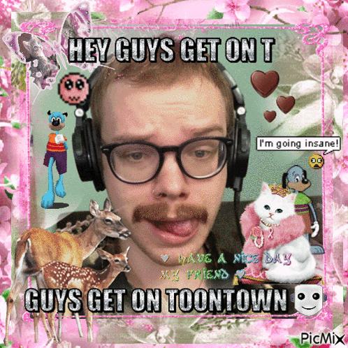 Man Wearing Headphones and Mustache Hey Guys Get on Toontown